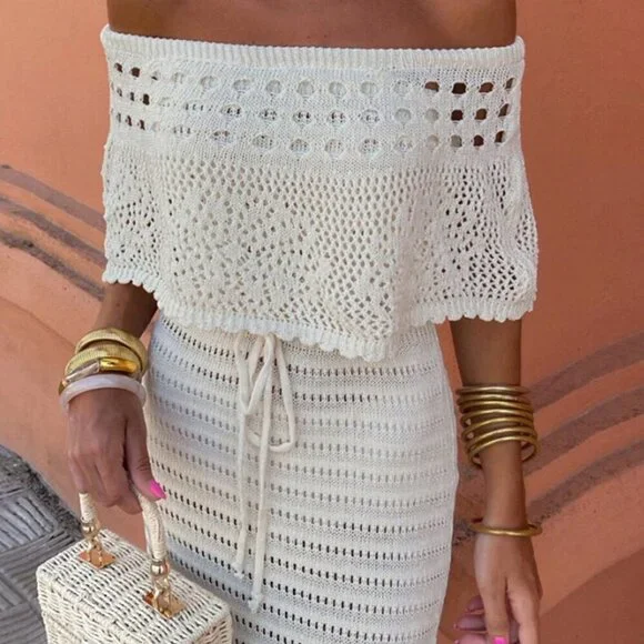 Apricot Elegant Women's Long Tube Top Short Sleeve Off Shoulder Knit Tie-Up - Picture 6 of 11